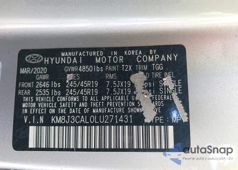 2020 Hyundai Tucson Sport z USA, uszkodzony, nr VIN KM8J3CAL0LU271431